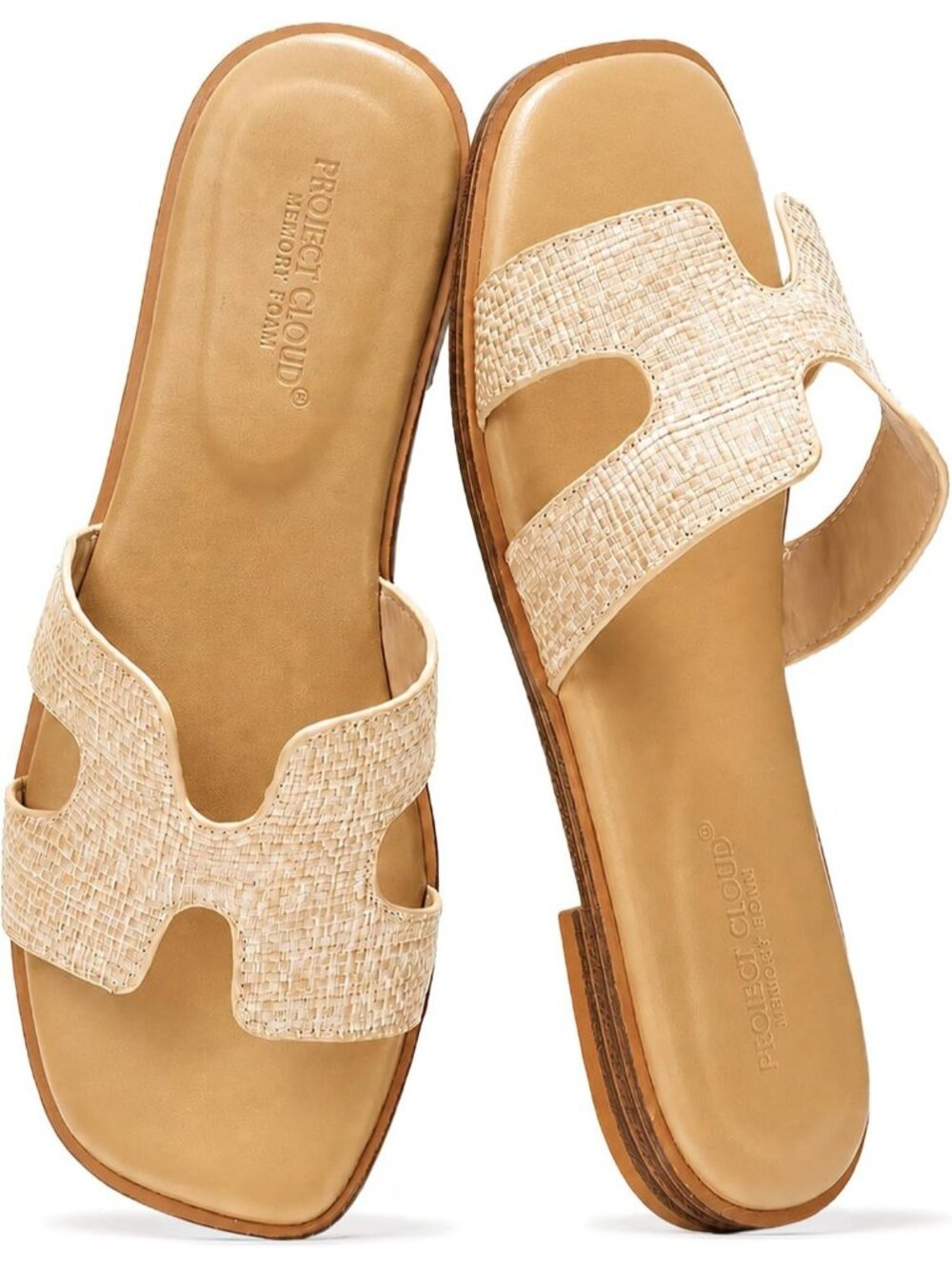 Women's Raffia Genuine Leather Fashion Flats Memory Foam Insole Slides Sandals